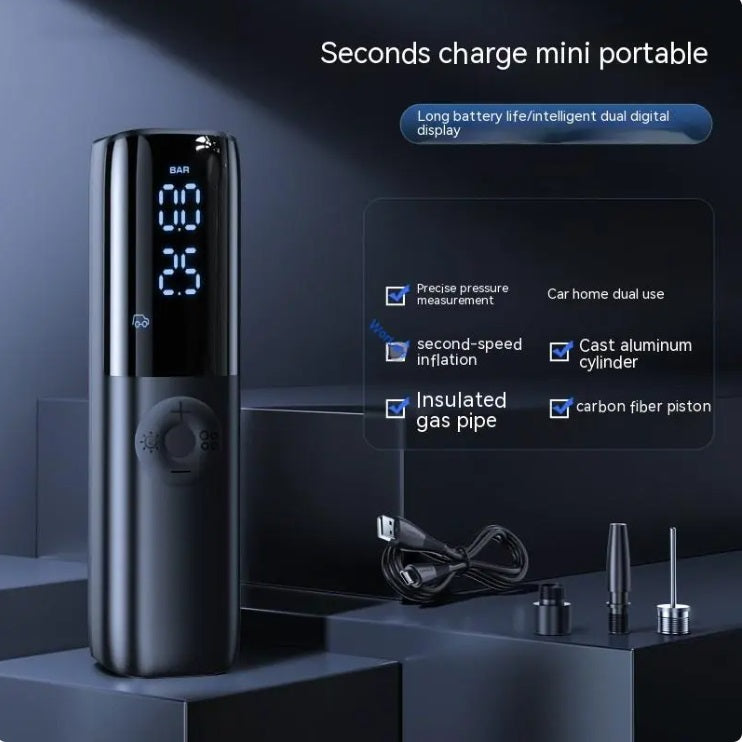 Compact car tire inflator with built-in pressure gauge and ABS inflation tube